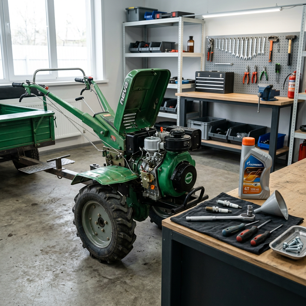 Garden Tiller Maintenance In Workshop Green garden tiller beside tools and engine oil in a workshop